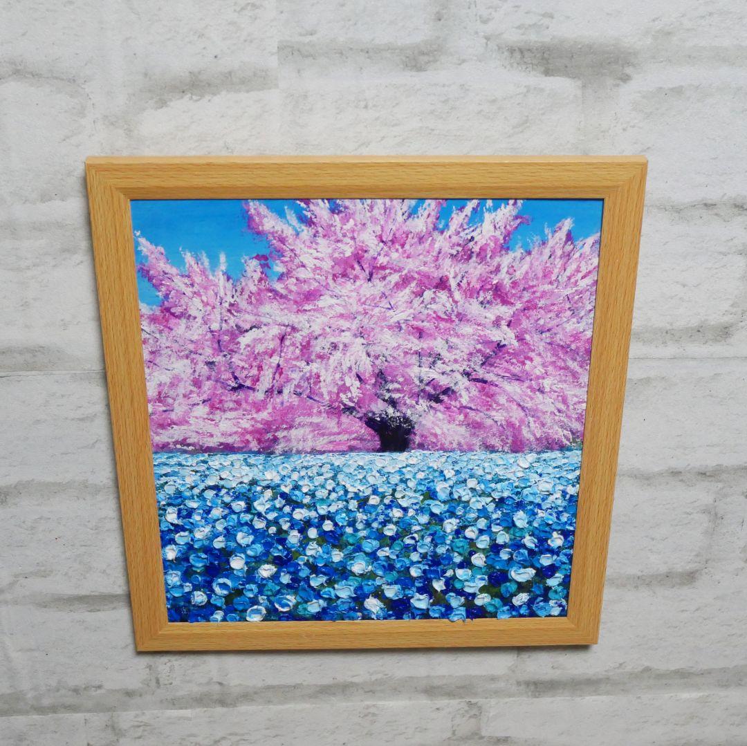 油絵 油彩 油彩画 絵 絵画【桜とネモフィラ】