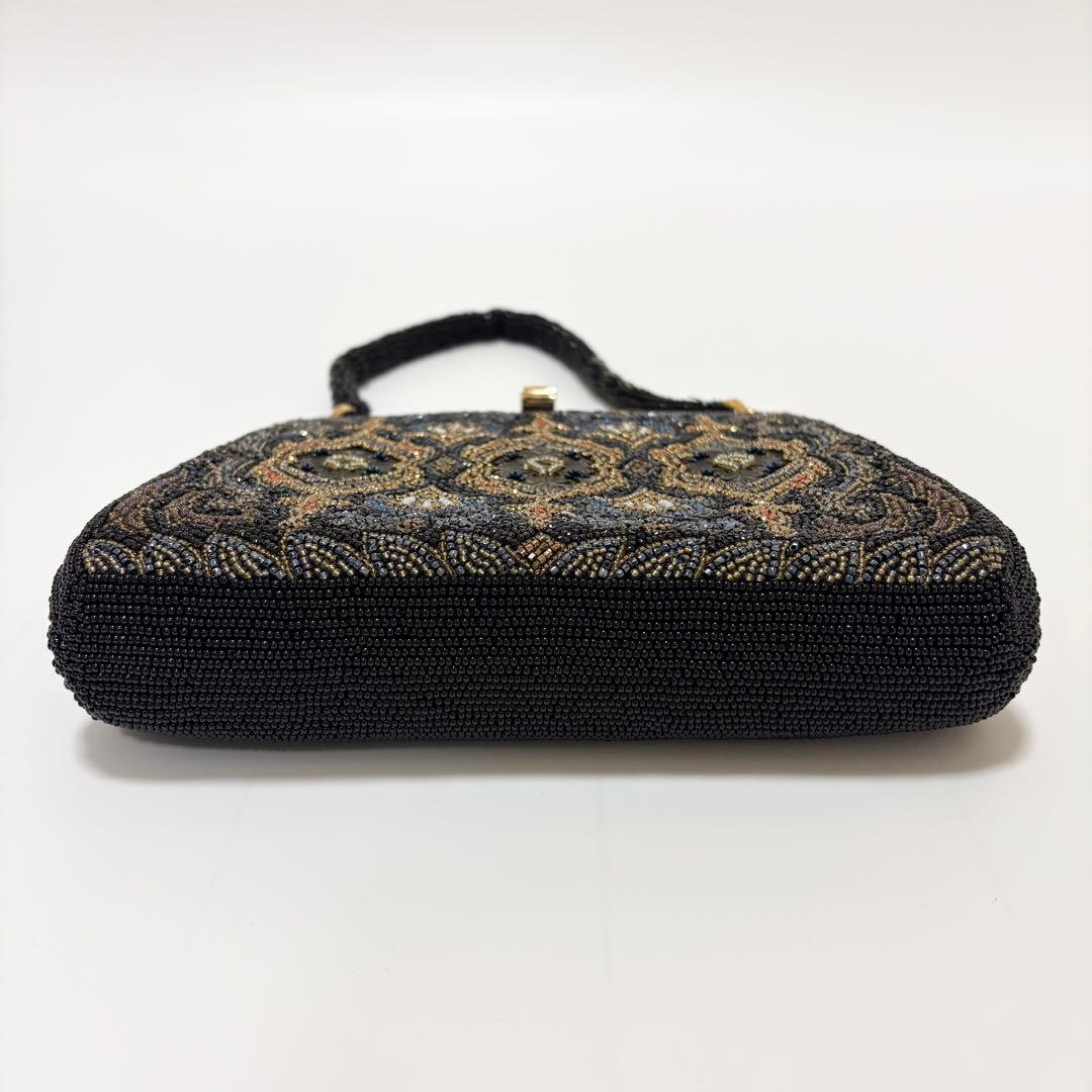 美品　柏ビーズ　ハンドバッグ　和装バッグ　総ビーズ　がま口　ゴールド金具　黒