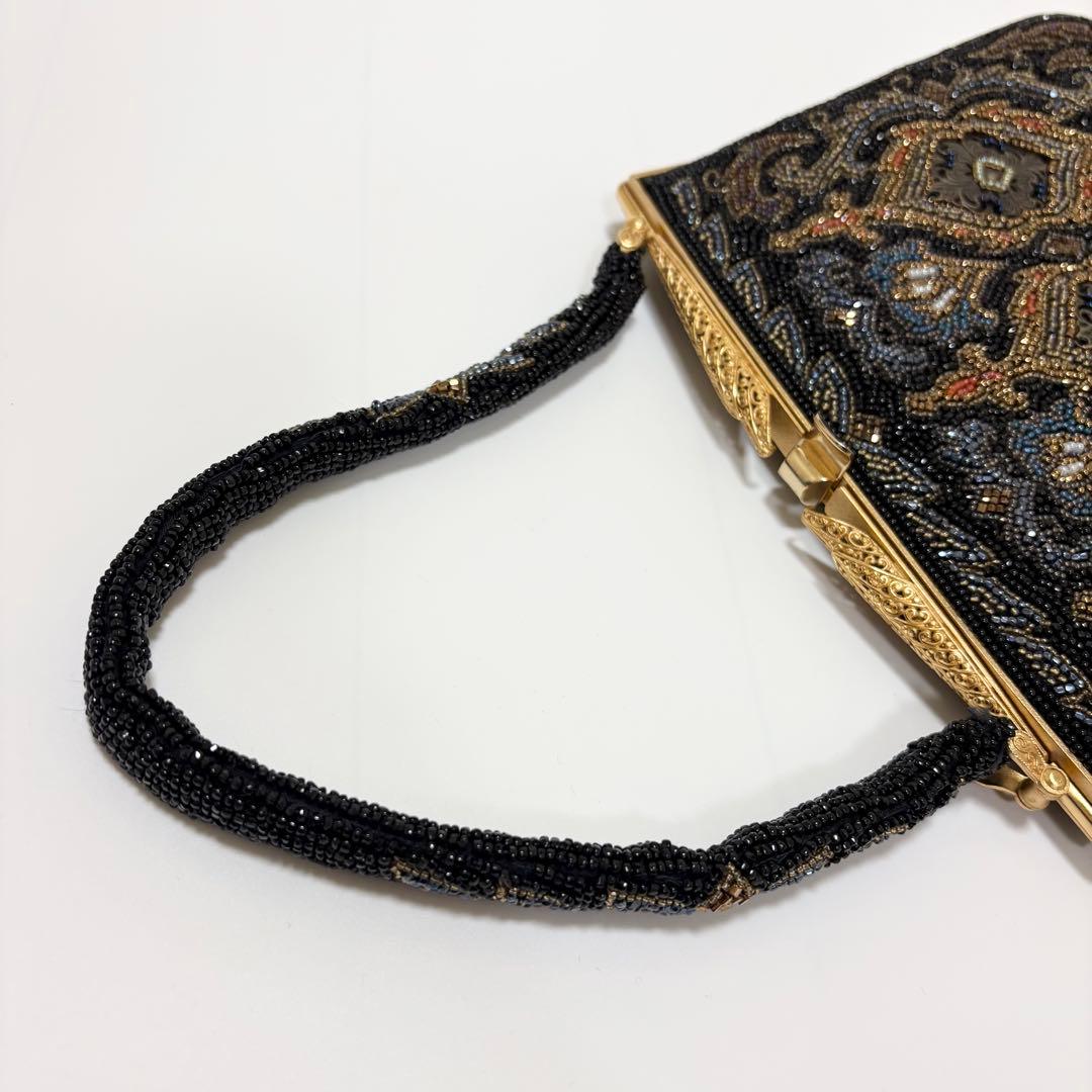 美品　柏ビーズ　ハンドバッグ　和装バッグ　総ビーズ　がま口　ゴールド金具　黒