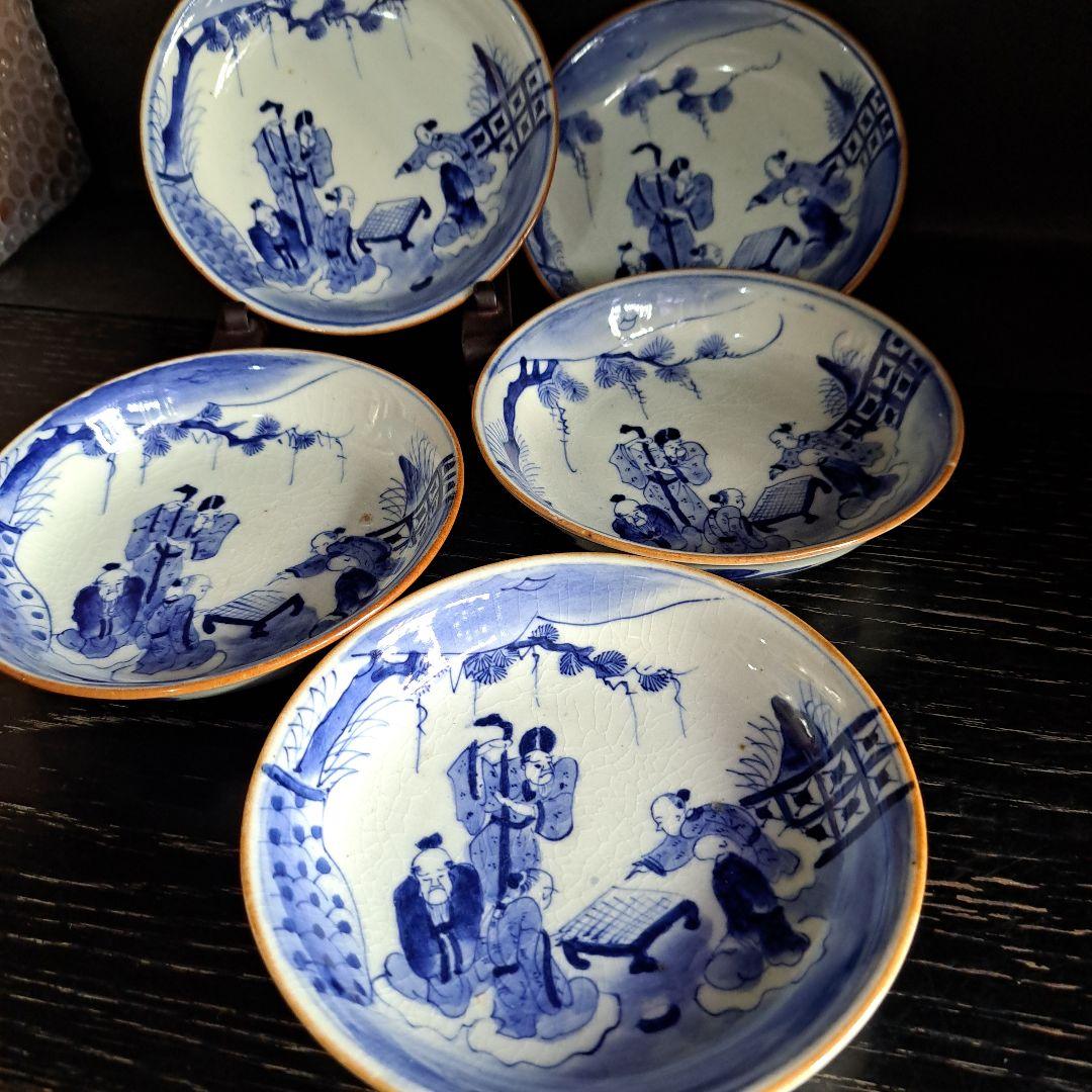 古伊万里　江戸中　 成化年製　小鉢 　人物囲碁図　縁朱 五客揃　極上