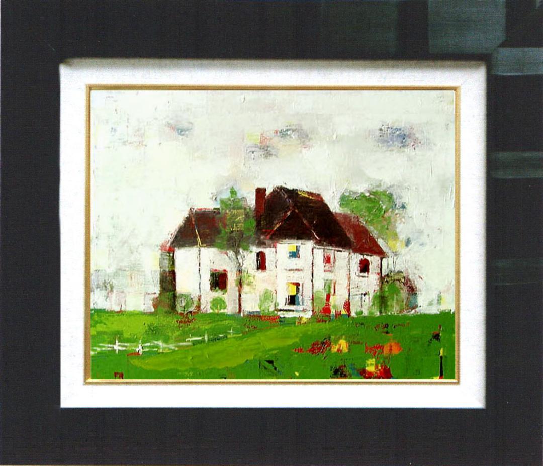 油絵 菅家令子 絵画インテリア 額付(青緑＋金色の枠) uF6-062203風景