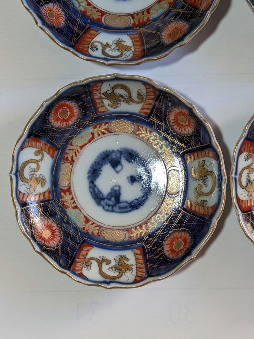 ♦江戸時代古伊万里 大明成化年製 染付金襴手 吉祥文 輪花豆皿 四枚組み 骨董品