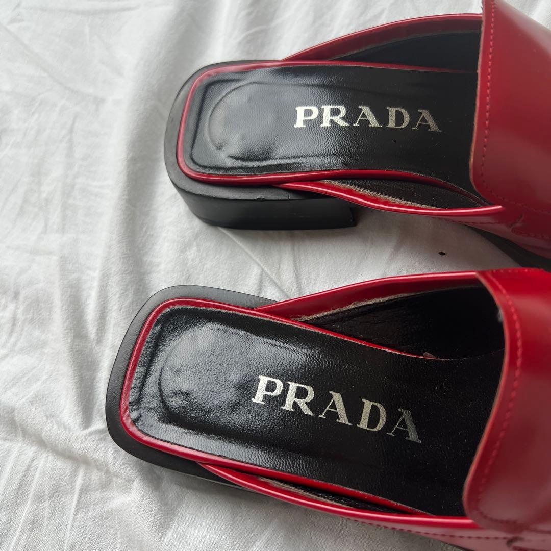 靴 99AW PRADA square toe leather mules red