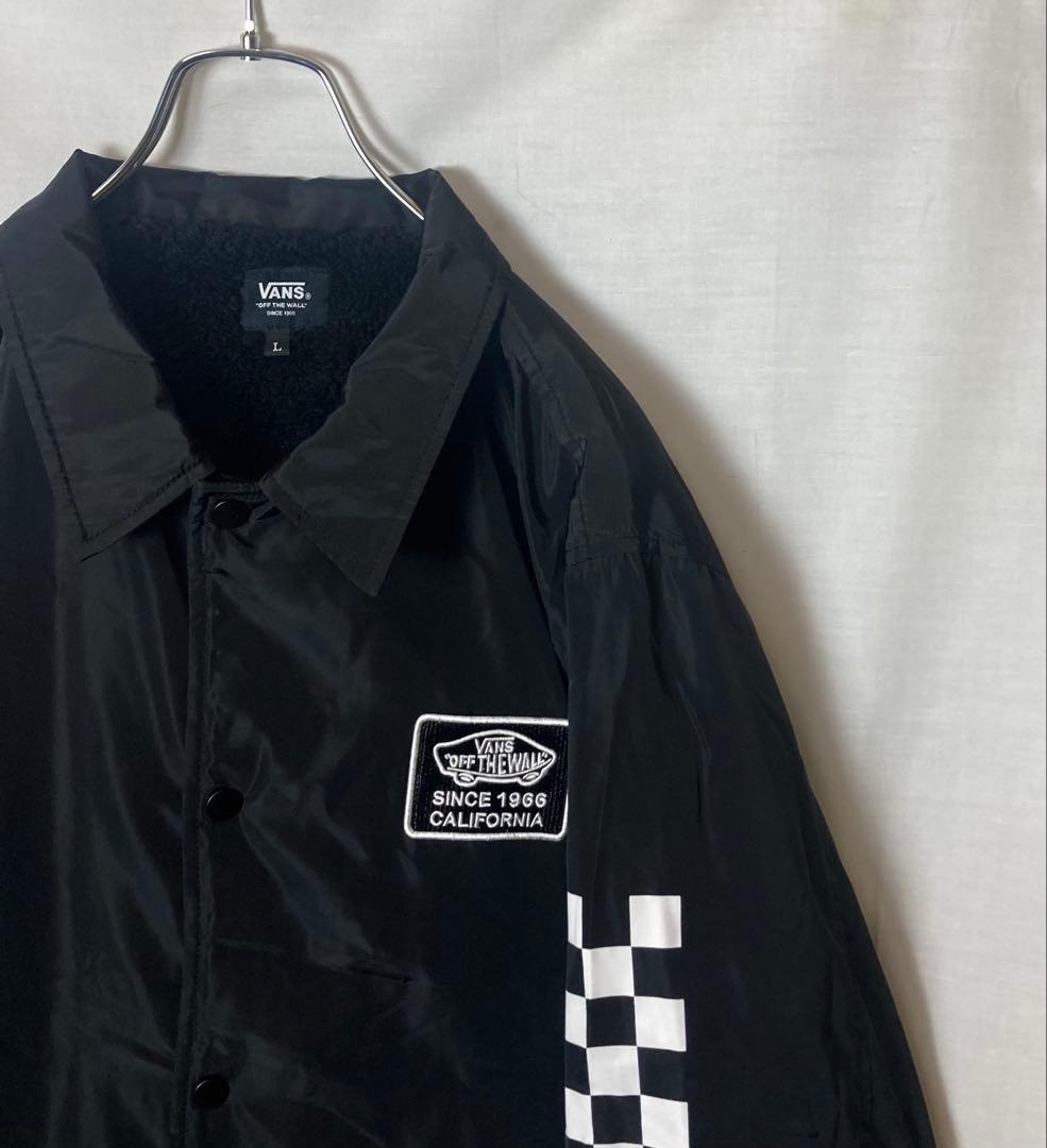 VANSチェッカーフラッグ×裏ボア×中綿ブラックナイロンコーチジャケットゆったり