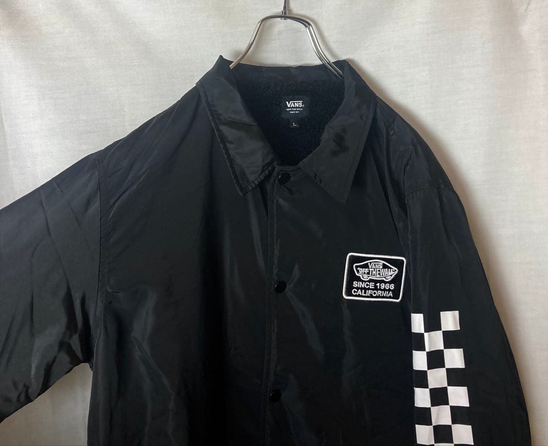 VANSチェッカーフラッグ×裏ボア×中綿ブラックナイロンコーチジャケットゆったり