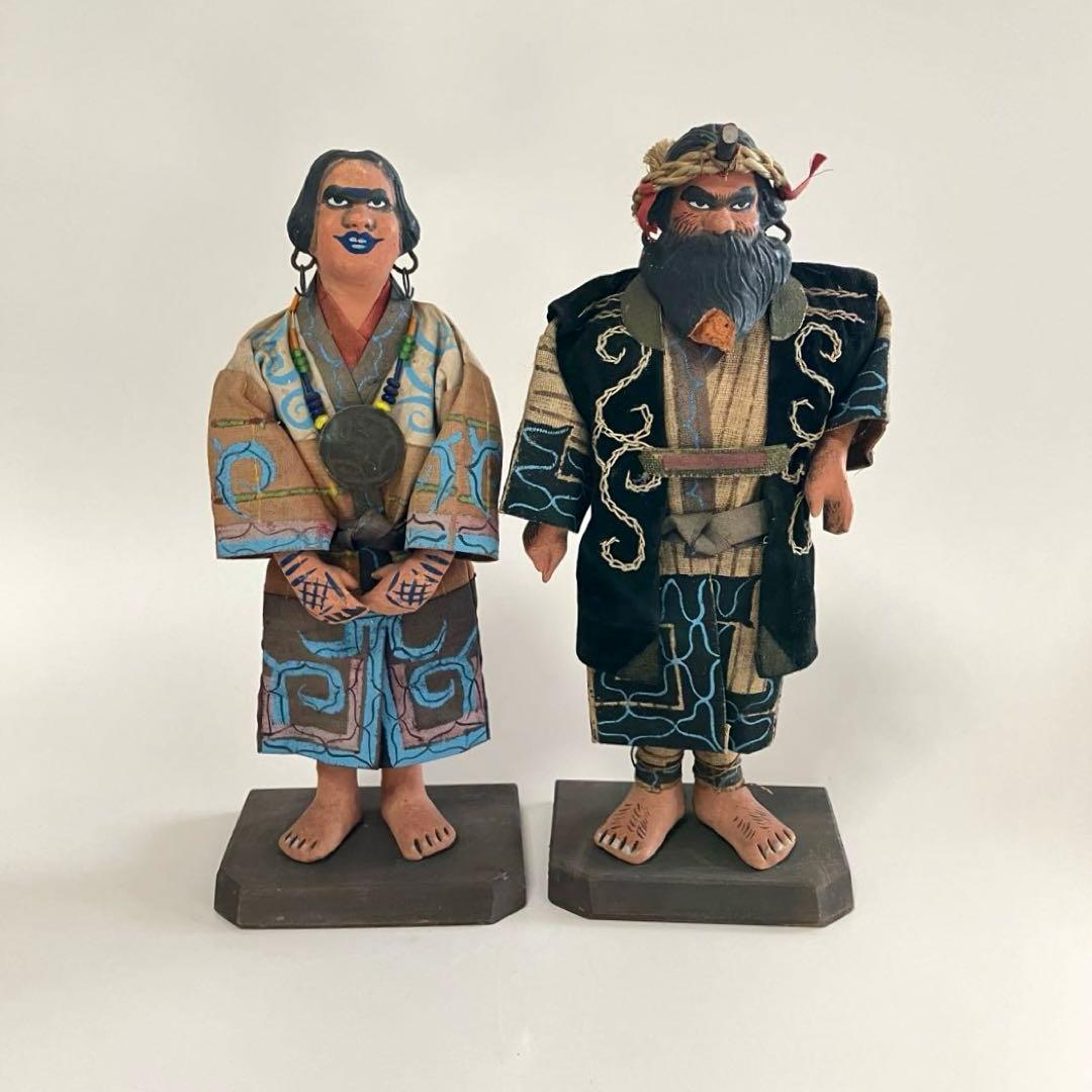 北海道　昭和初期　アイヌ　風俗人形　夫婦像　民俗資料　厚司織　タマサイ　民芸