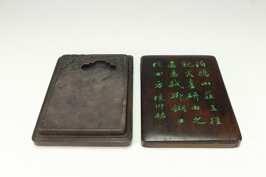 中国美術 端渓 刻霊芝 紫檀 題詞 箱 文房四宝(K-XA666)