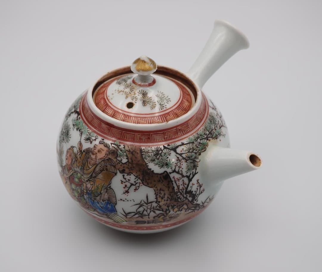 初代 水越与三兵衛 与三造 赤金入り 色絵 急須 共箱共布