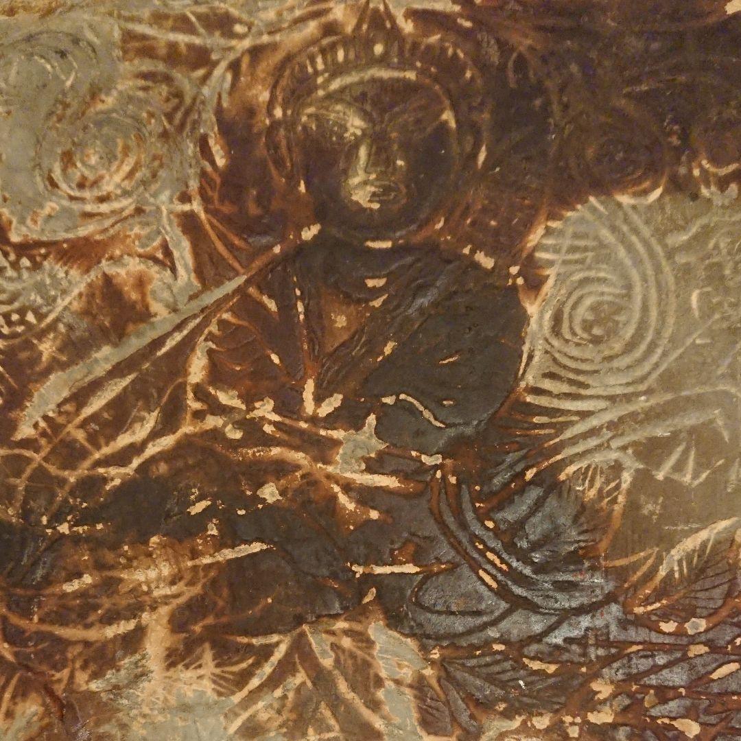 中国アンティーク 石塀 彫刻 福の神(?) 、蓮