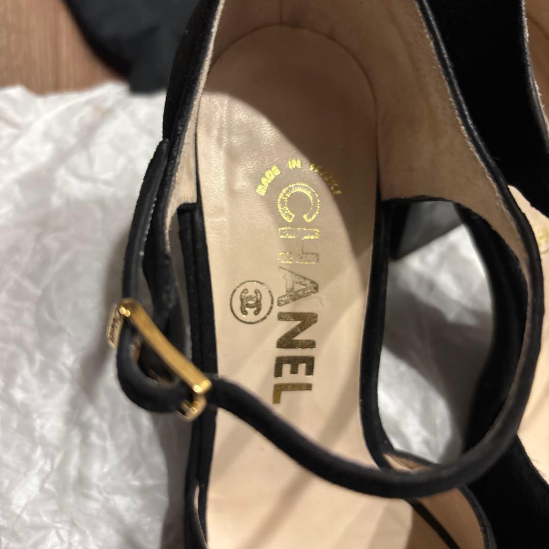 CHANEL シャネル ブラックオープントゥサンダル ベロア 37