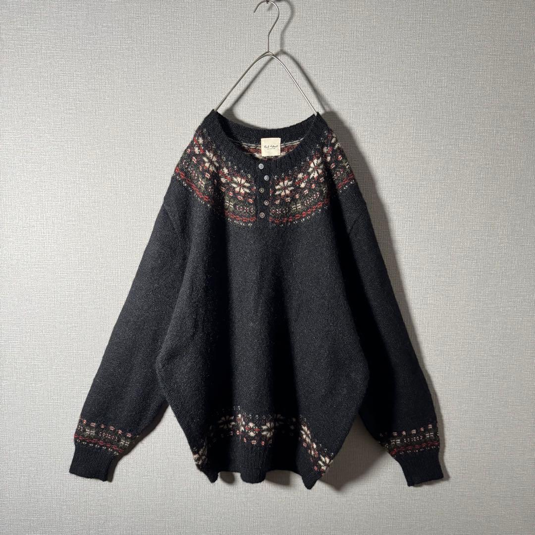 超希少★カールヘルム モヘアニット ヘンリーネック ノルディック柄 黒 XL程度