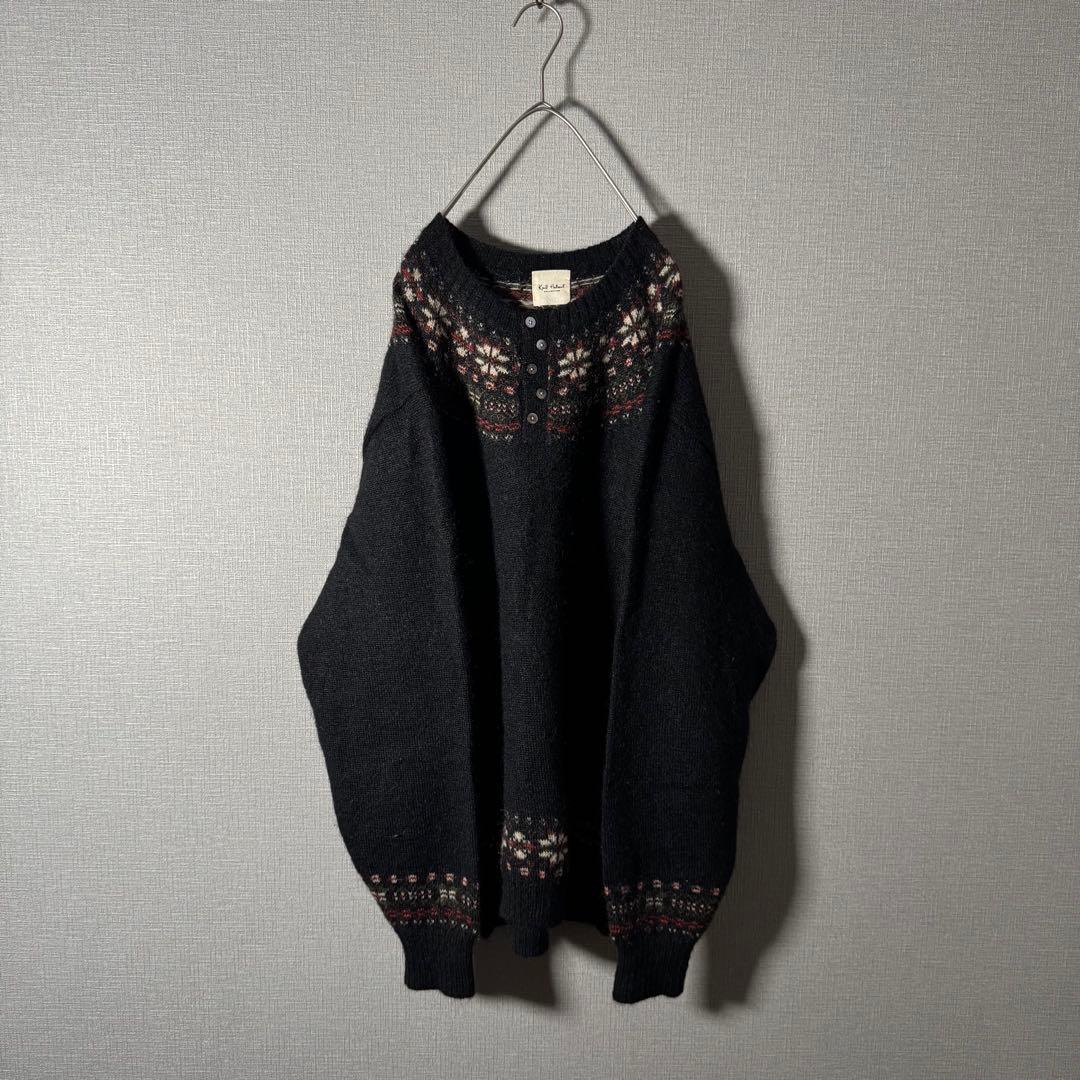 超希少★カールヘルム モヘアニット ヘンリーネック ノルディック柄 黒 XL程度