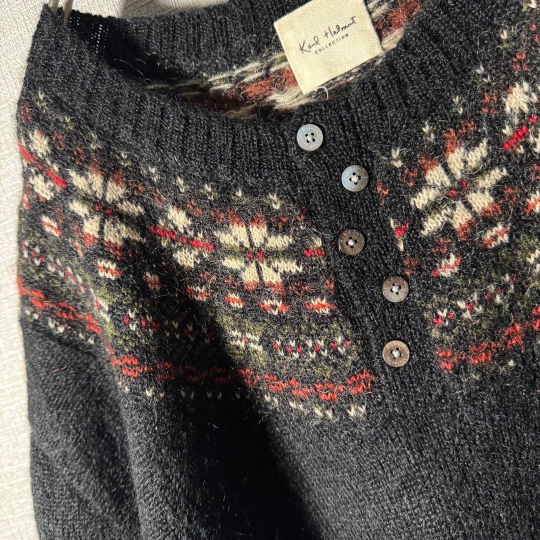 超希少★カールヘルム モヘアニット ヘンリーネック ノルディック柄 黒 XL程度