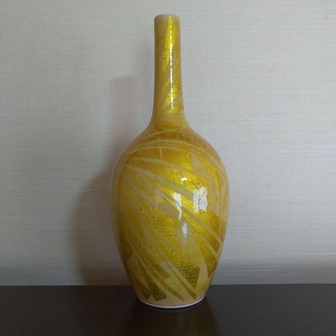 小野珀子　高さ約28.5cm　釉裏金彩花立　桐共箱