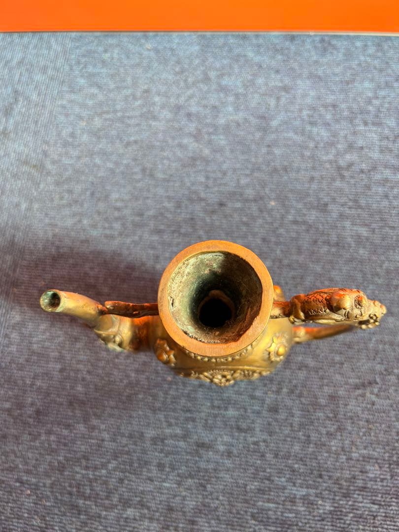 1088 中国骨董　大明宣徳年製銘　銅製　龍紋酒壺　時代物