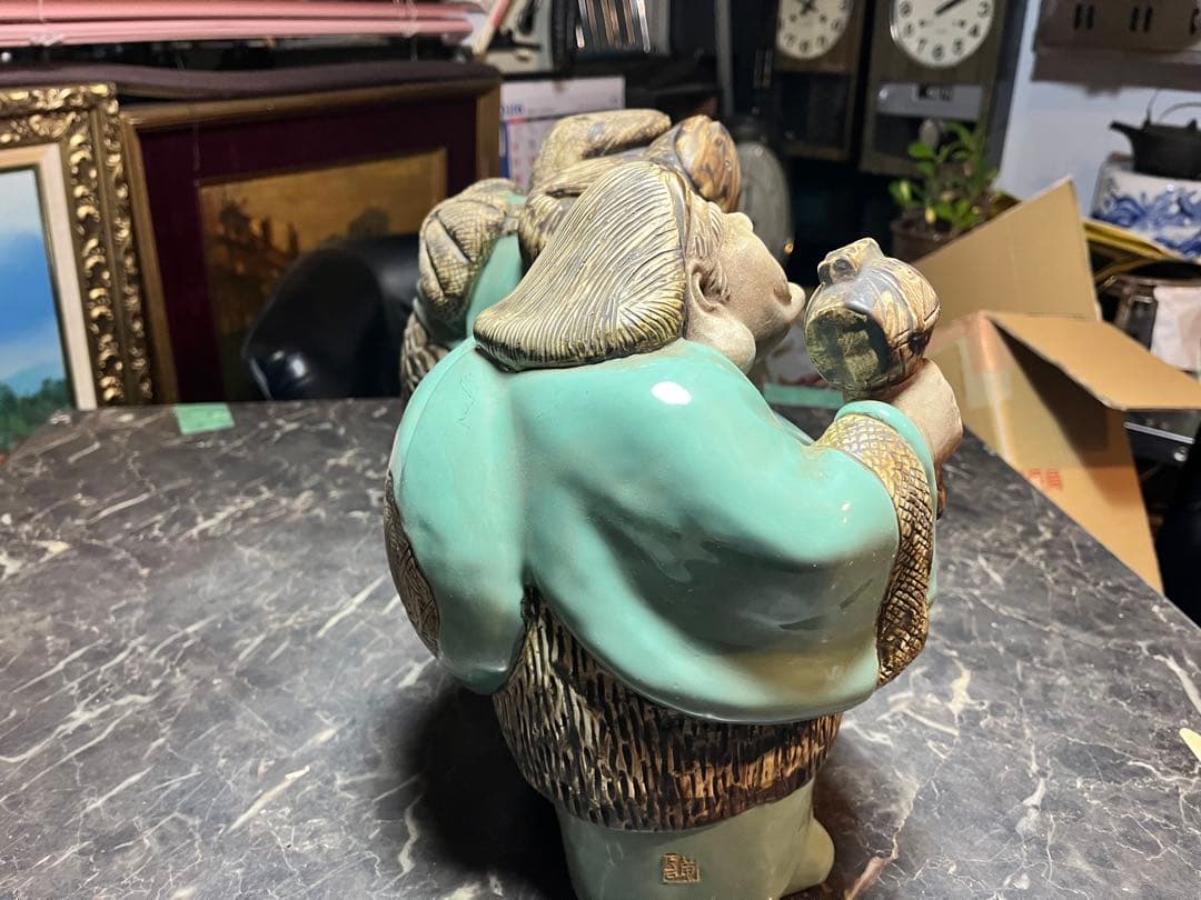 大黒天大黒様 恵比寿様、 明治時代の青磁 貴重な1対 七福神　 青磁 陶器製