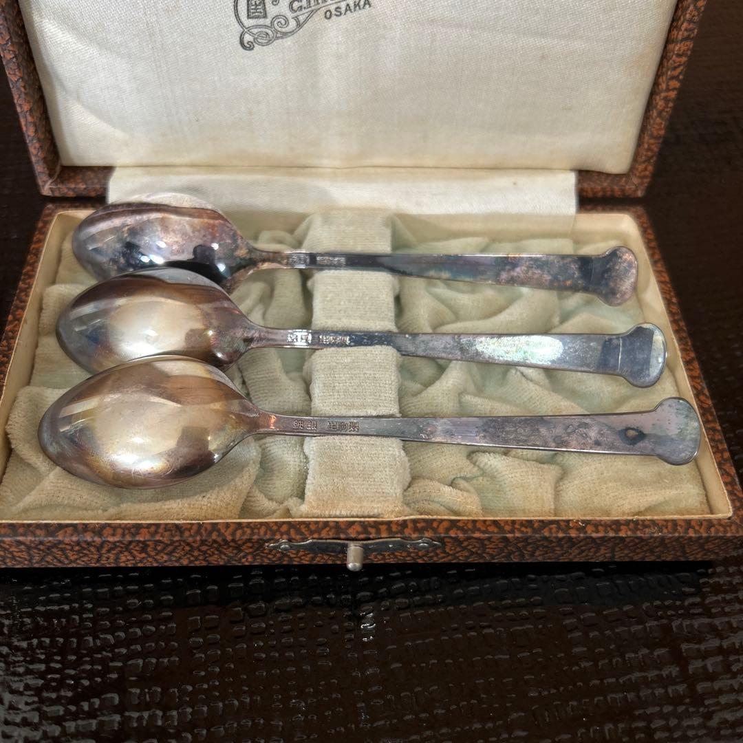 新品◆③純銀製　装飾スプーン3本セット　昭和レトロ　生駒時計店　アンティーク食器