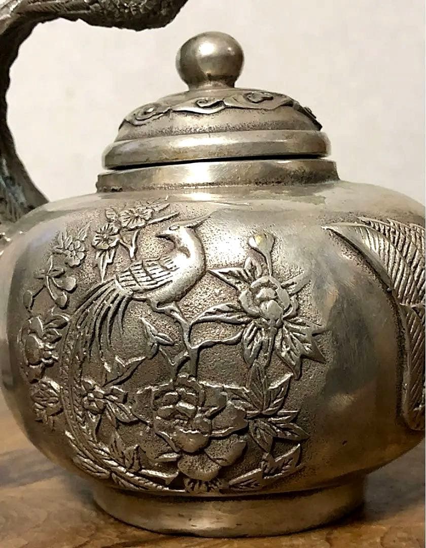 中国美術 白銅 鳳凰草花刻紋 急須 大明宣徳年製