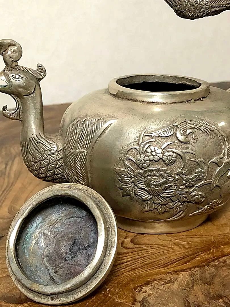 中国美術 白銅 鳳凰草花刻紋 急須 大明宣徳年製