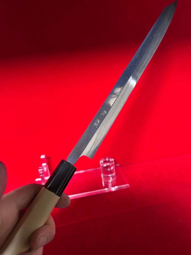 01586 包丁　剣型切付　保勝　津軽打刃物　練鉄　墨流し　尺　箱付　未使用品