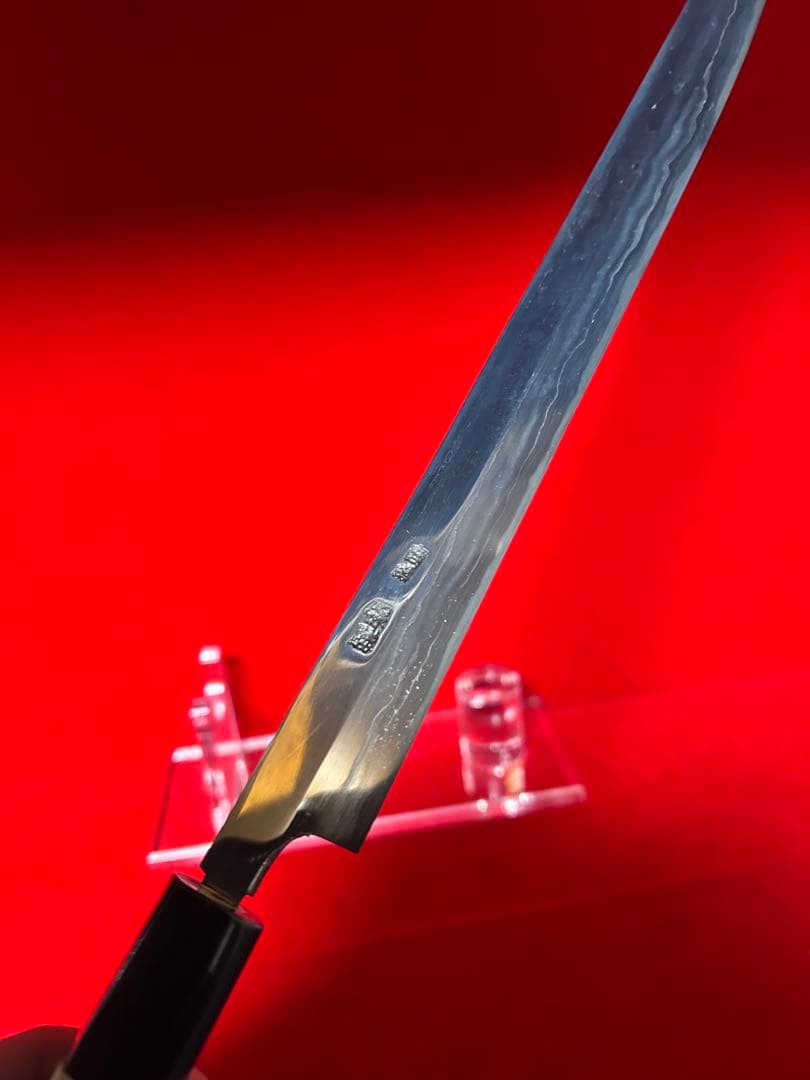 01586 包丁　剣型切付　保勝　津軽打刃物　練鉄　墨流し　尺　箱付　未使用品