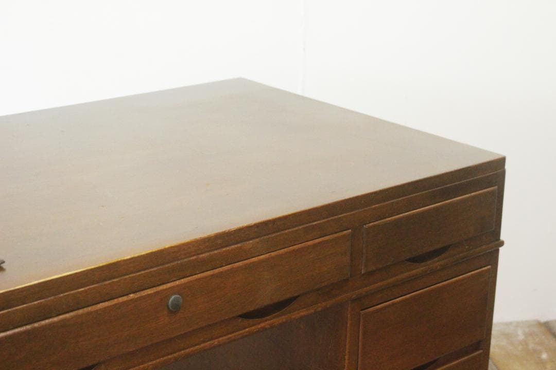 レトロ 両袖デスク 机 書斎 作業台 引き出し 抽斗 9杯 分割可能 木製