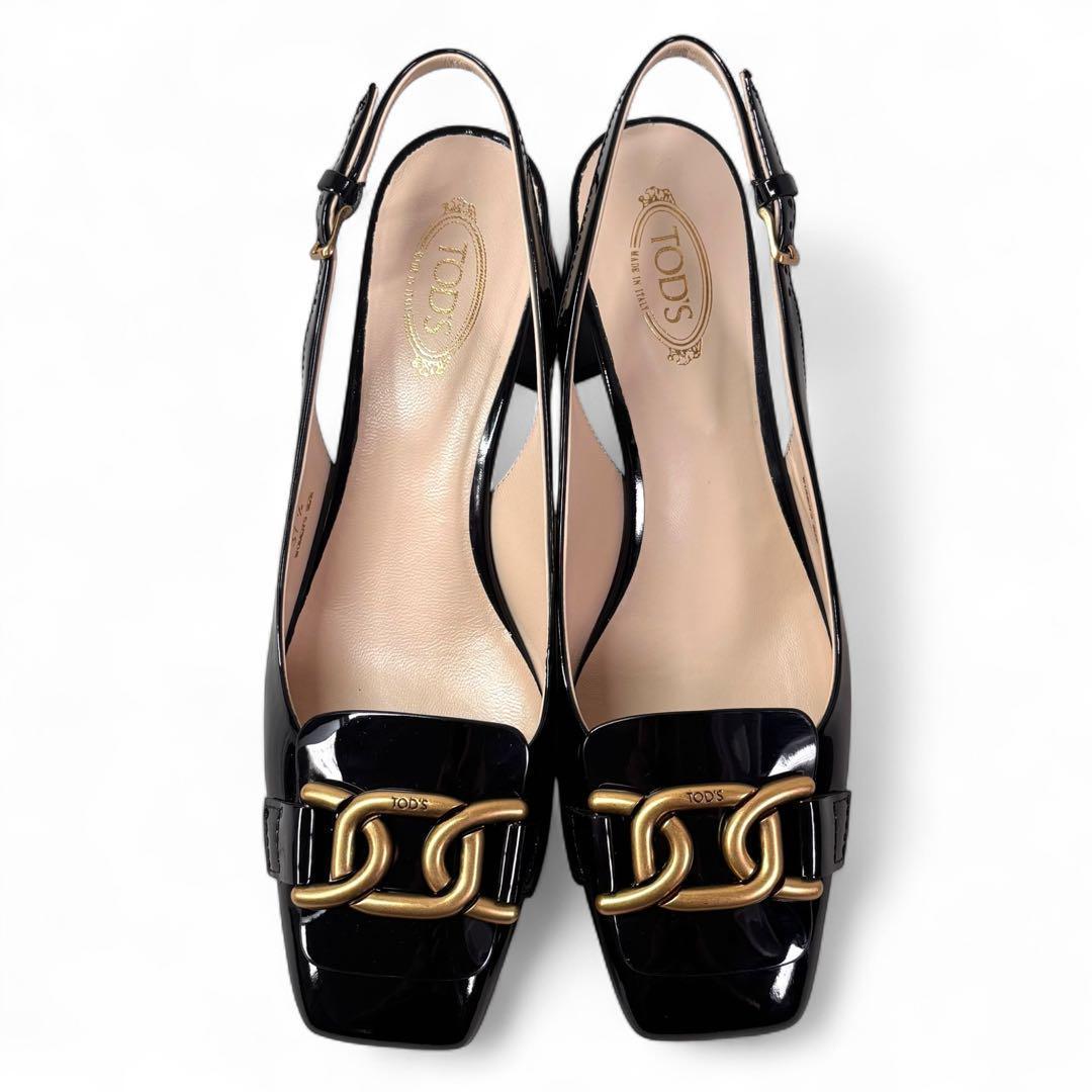 美品 トッズ 37 1/2 24.5 ケイト エナメル ミュール ブラック 黒