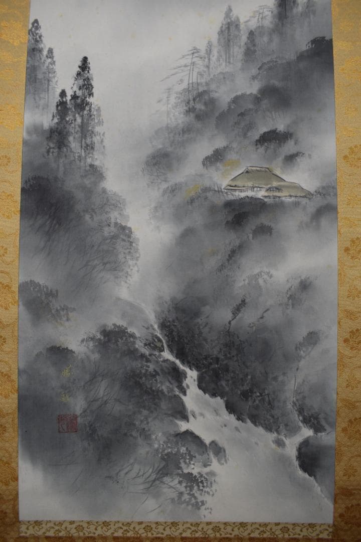 【真作】白石勝敏/山村之図/山水図/掛軸☆宝船☆Y-595　JM