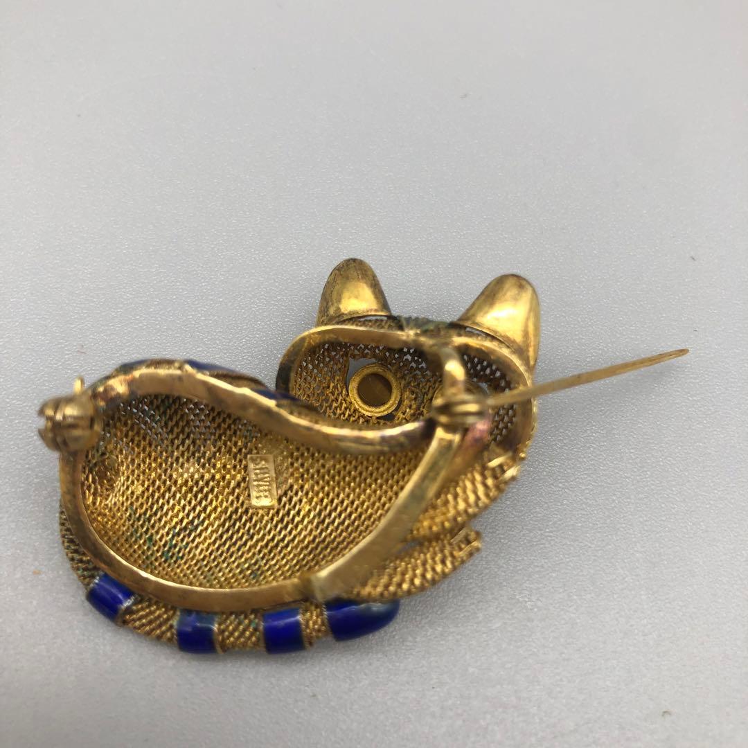中国骨董品ゴールドメッキブルーエナメルメッシュタイガーアイキャット猫ピンブローチ