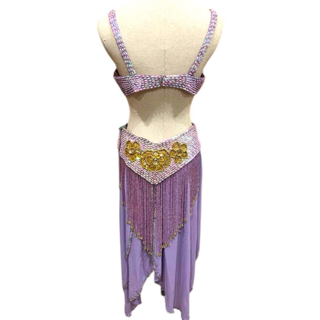 トルコ製　ベリーダンス 衣装 3点　ラベンダー スパンコール ハンドメイド　豪華