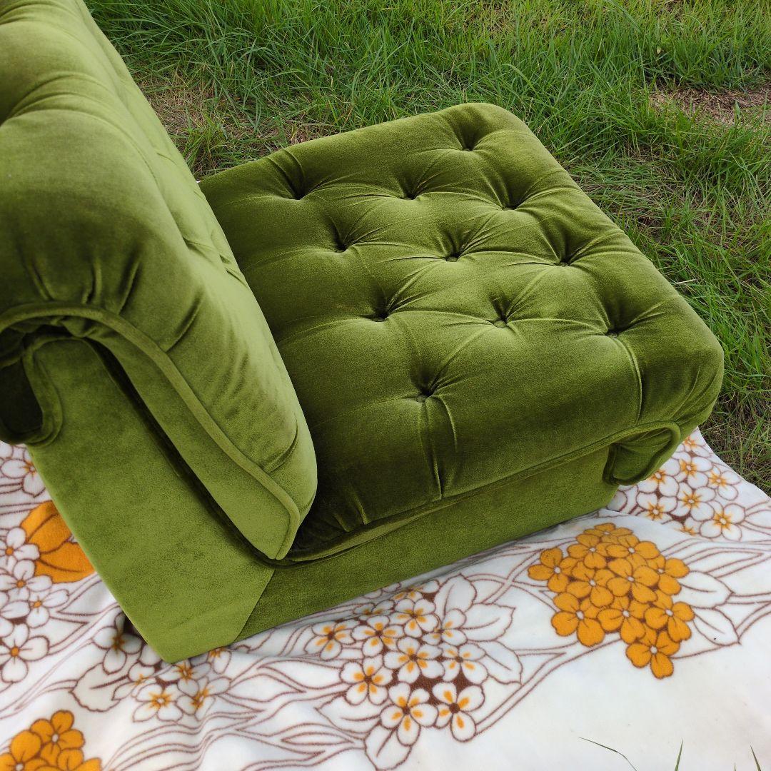 昭和レトロ オールド カリモク グリーン モケット 1人掛け ソファ②ベルベット