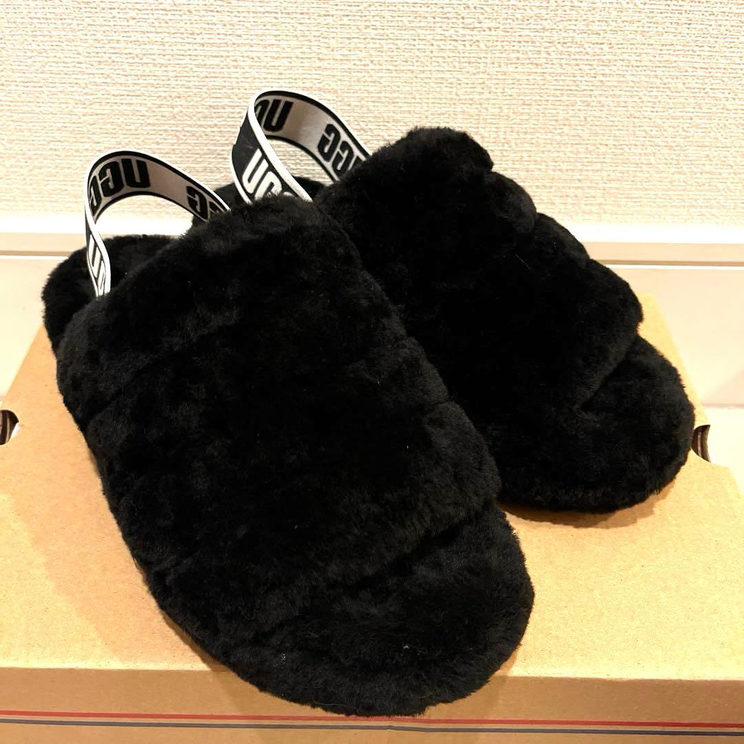 【美品】UGG ブラック ムートン　ボア スリッパ　23cm
