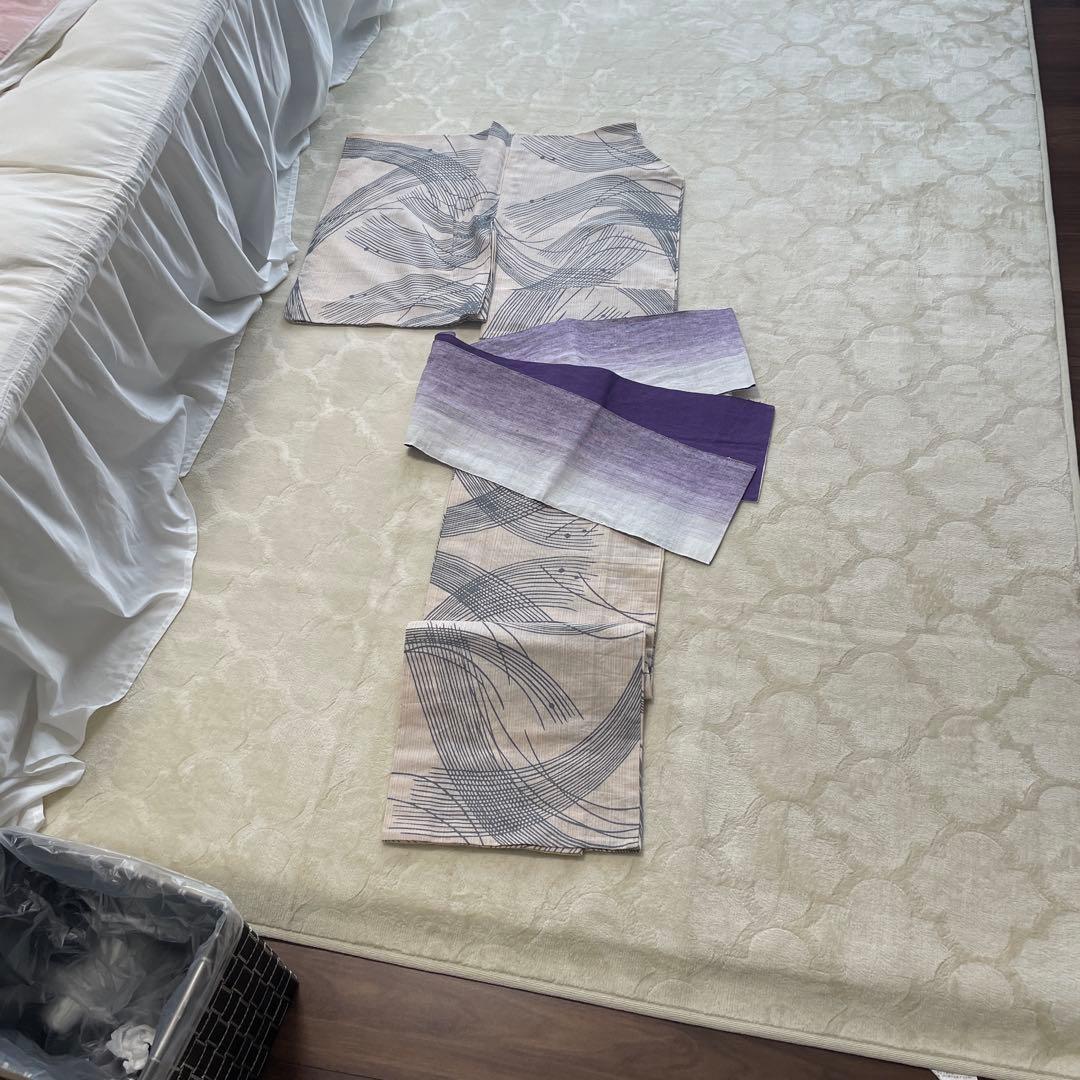 波模様浴衣・グラデーション紫帯セット