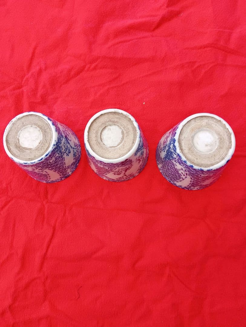 蕎麦猪口 長沼焼　3個　江戸　幕末　明治　印判　型紙刷　染め型紙　兎