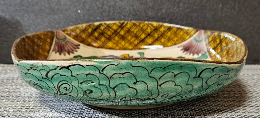 【名品❗】 江戸時代末期　古九谷　再興九谷　青手九谷　楼閣山水図　角福　四方深鉢