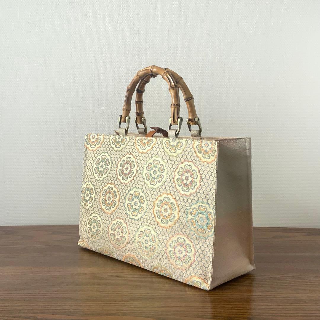 袋帯　きらめく吉祥花文　リメイク　バンブーハンドルバッグ　浅型マチ広め