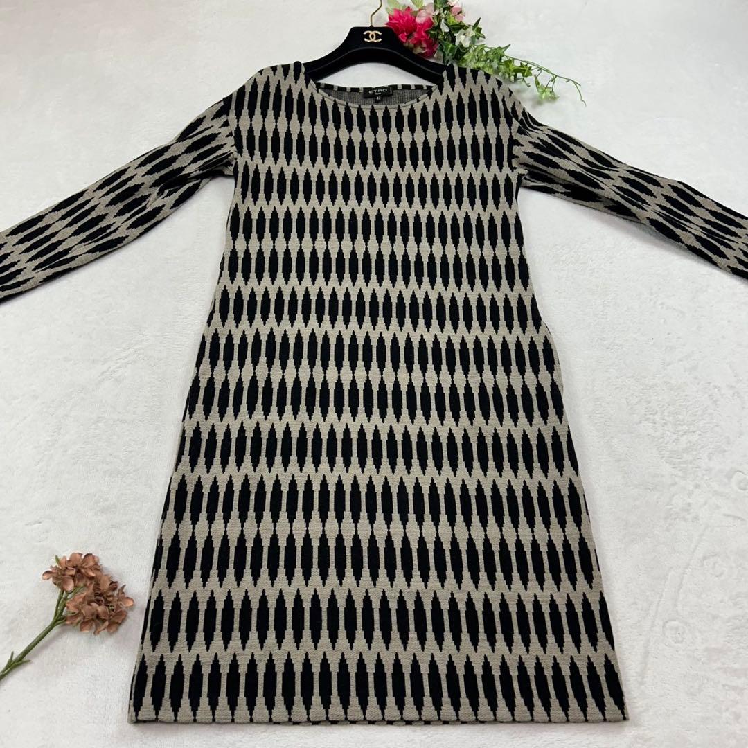 K717 L エトロ イタリア製 ひざ丈ワンピース ブラック グレー レディース