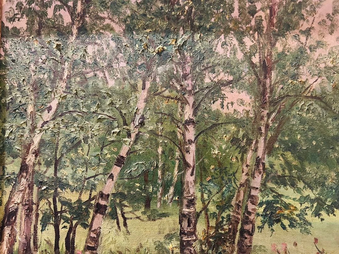 ◉真作 光風会 梶原貫五 油彩風景画 F8号 仮題：夏の雑木林(白樺)福岡県出身