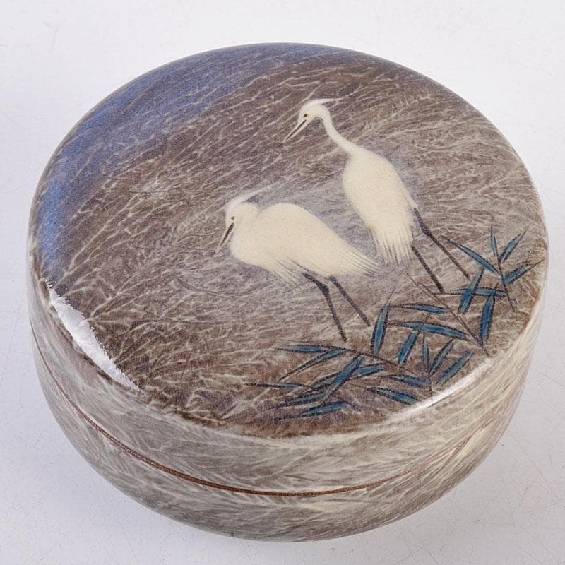 茶道具　臥牛窯　十三代　横石臥牛作　白鷺文　香合　共箱　Z　8496