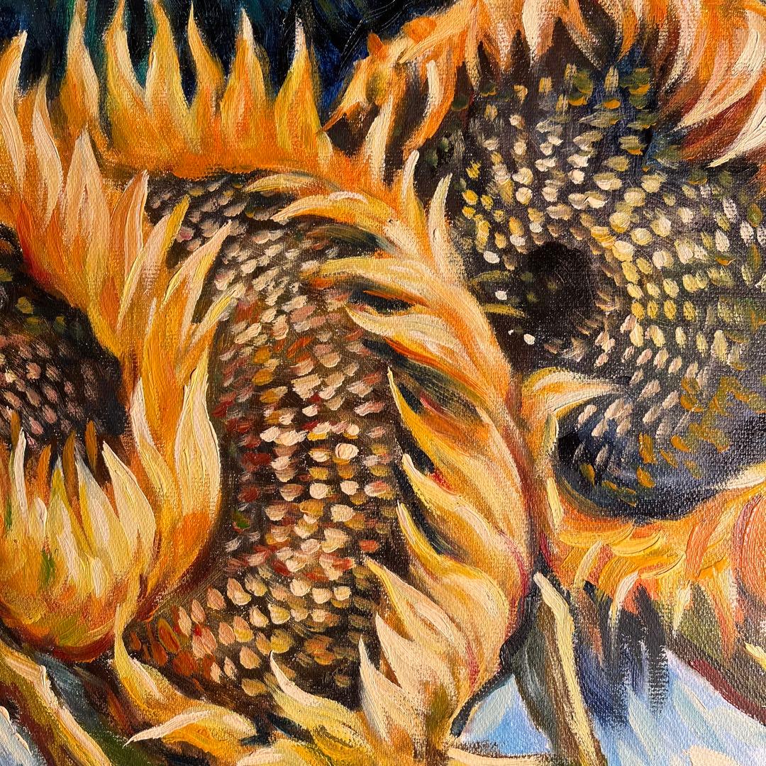 ★秀作★ （大）手書き油絵 ゴッホ 4本の切ったひまわり 肉筆絵画 額付 油彩画