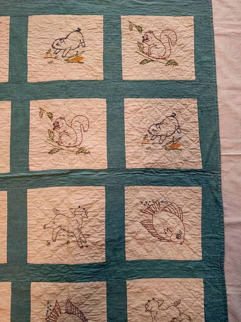 アンティーク キルト USA 動物刺繍