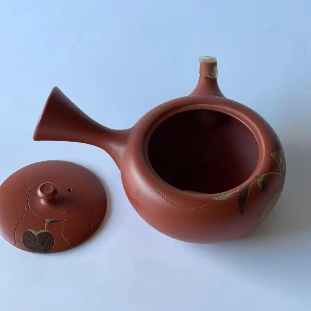 常滑焼 伊藤 昭陽作 幸山刀 朱泥彩色　水引草 彫り 急須 茶器 煎茶道具