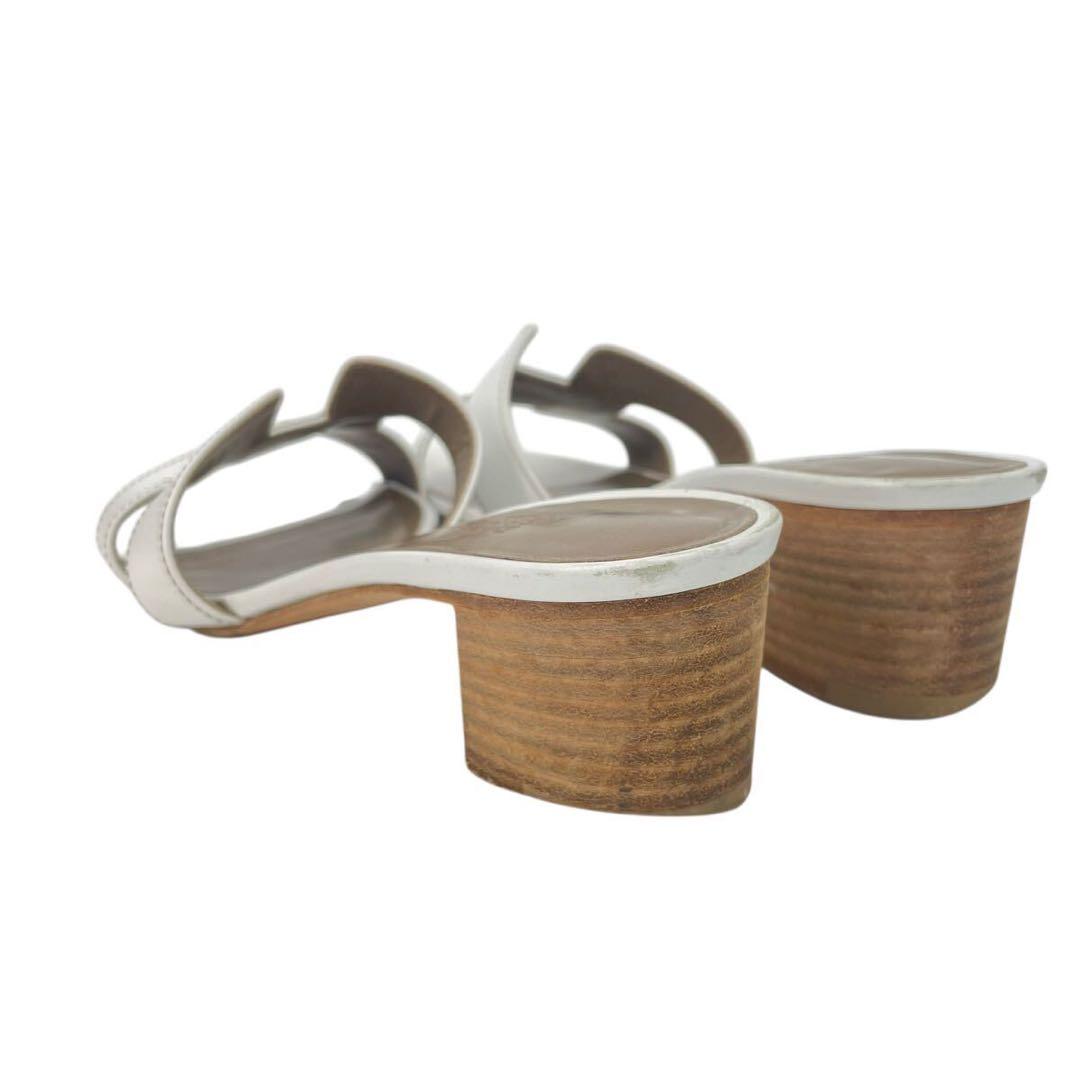 美品 エルメス オアジス レザー ミュール 白 36.5 Hロゴ レディース