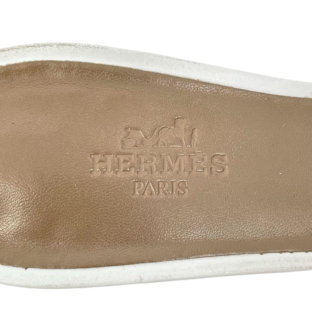 美品 エルメス オアジス レザー ミュール 白 36.5 Hロゴ レディース