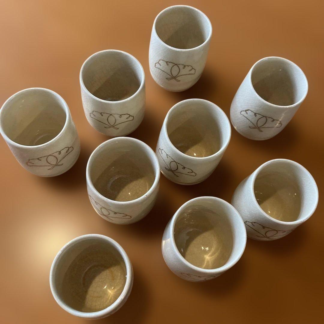 【鹿児島】白薩摩 湯呑 9客セット 光石窯 在銘 貫入入り 高さ7.5cm