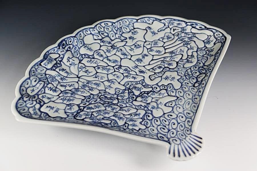 （貴重）古伊万里 　江戸期天保年　染付扇形地図皿 　M320