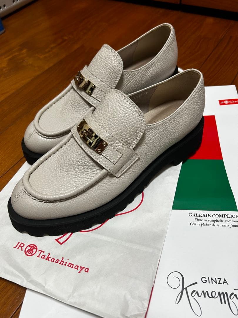 銀座かねまつ ライトグレー レザー ローファー 25cm E