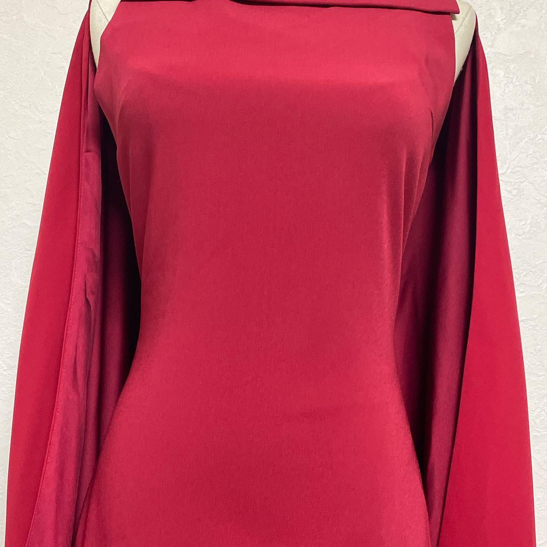 【美品】アリスアンドオリビア オフショルダーケープ付タイトワンピース M 赤