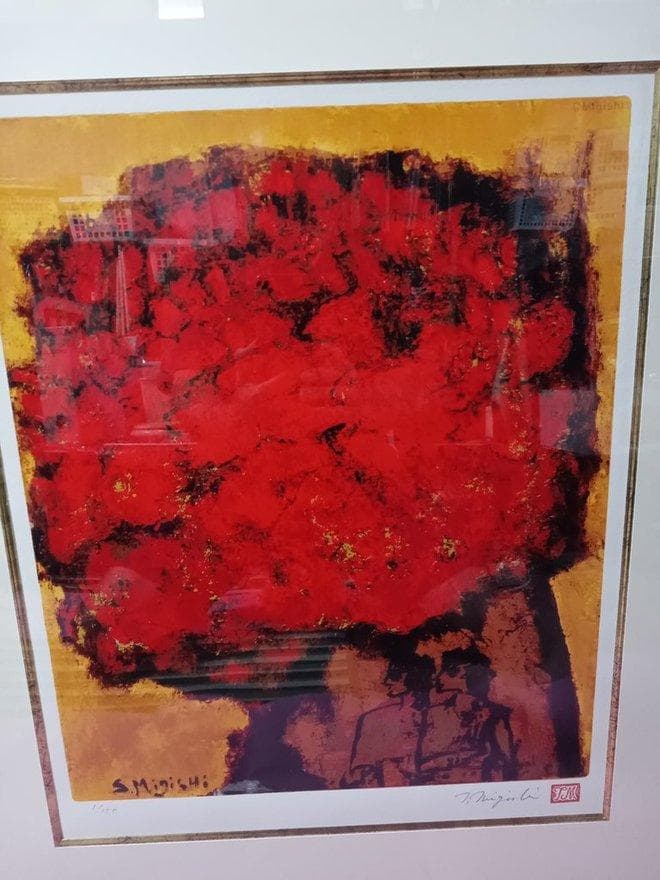 三岸節子作シルクスクリーン　「赤い花」　額付　ED1/150　真作保証　サイン有