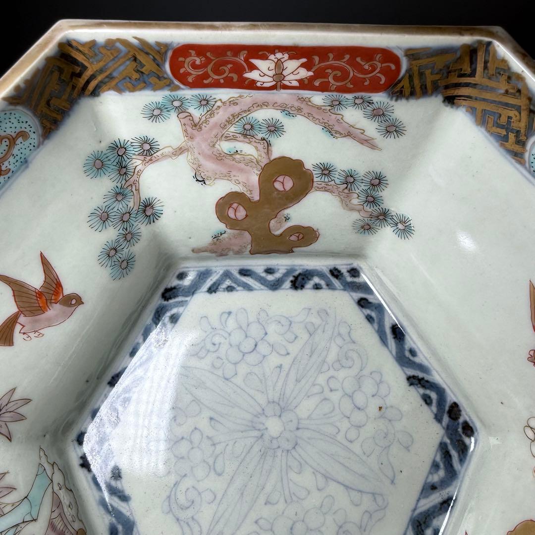 江戸後期〜明治時代　色絵松竹梅鳥賢人図六角鉢　共箱　古美術　豪商旧蔵品